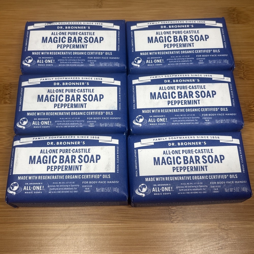 NEW Dr. Bronner's All-One Pure-Castile Peppermint Magic Bar Soap 6-Pack 5oz Bars